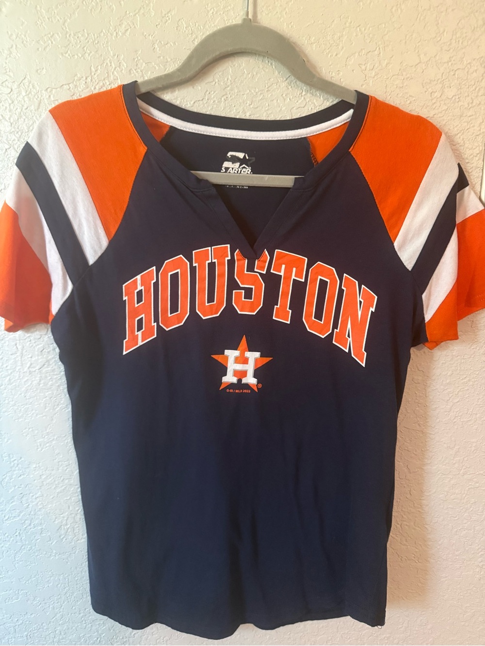 STARTER Houston Astros Baseball Game Navy, Orange and White Short Sleeve Tee
